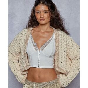 NWT POL Chenille Knit Cardigan with Lace Pearl and Rhinestone in Powder Cream
